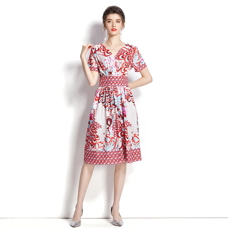 

2023 New Fashion Silk Printed Dress Women's Summer Vintage V-neck Short Sleeve Loose Fit Casual Holiday Dress Vestidos