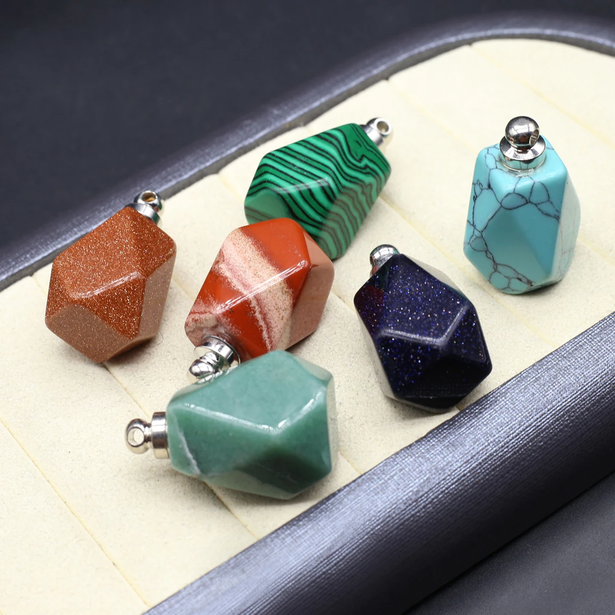 5PCS Wholesale Natural Semi Precious Stone Polygon Pendant Perfume Bottle Jewelry Making DIY Necklace Accessories Gifts