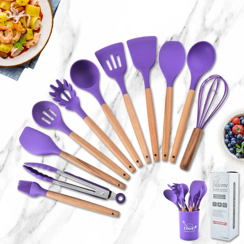 Zoseil 1Pcs Silicone Cooking Kitchen Utensils Set Non-Stick Spatula Shovel  Wooden Handle Cooking Tools Storage