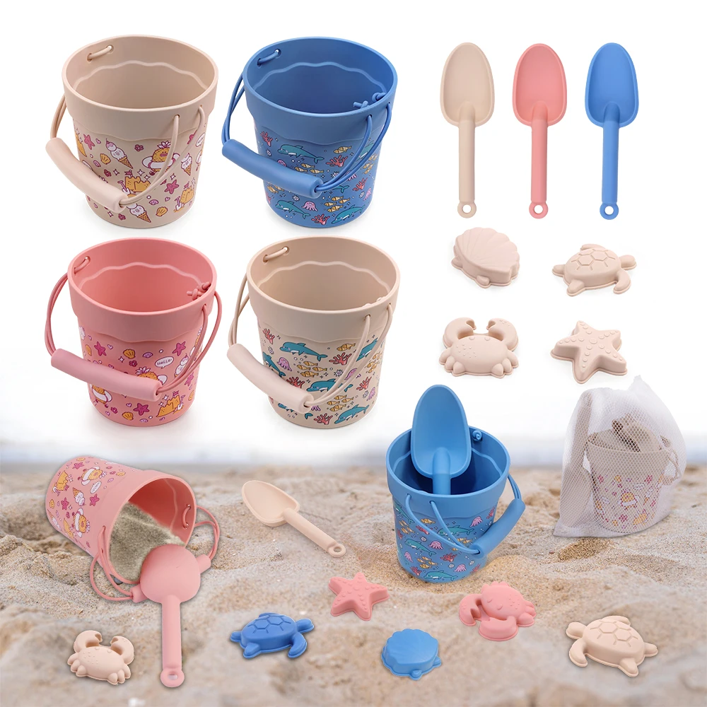 TYRY.HU 6pcs/Set Children's Beach Toys Set Summer Silicone Bucket, Shovel and 4 Accessories Fun Outdoor Play Sand for Kids