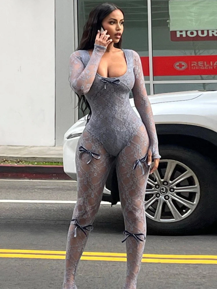 

TARUXY See Through Mesh Sexy Jumpsuit Women Bow Splice Long Sleeve Bodycon One Piece Hot Girl Party Sexy Club Overalls For Woman