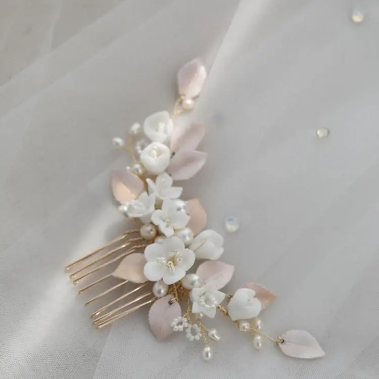 White Porcelain Flower Hair Combs Pins Party Dress Headdress Hairpins Women Headpieces Bride Bridal Jewelry Wedding Accessories