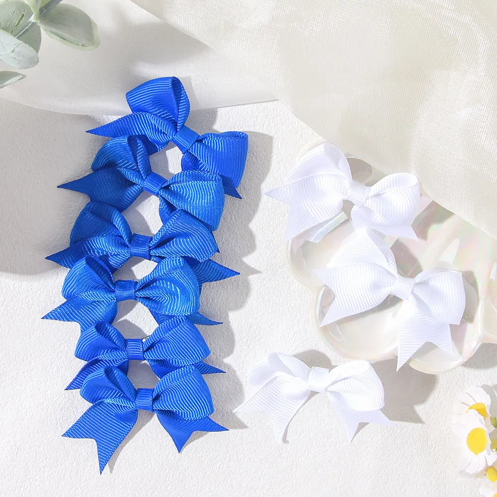 2/4/6개 솔리드 리본 보우노트 헤어 클립 블루 화이트 소녀용 수제 리본 키즈 바레트 헤어 액세서리 도매