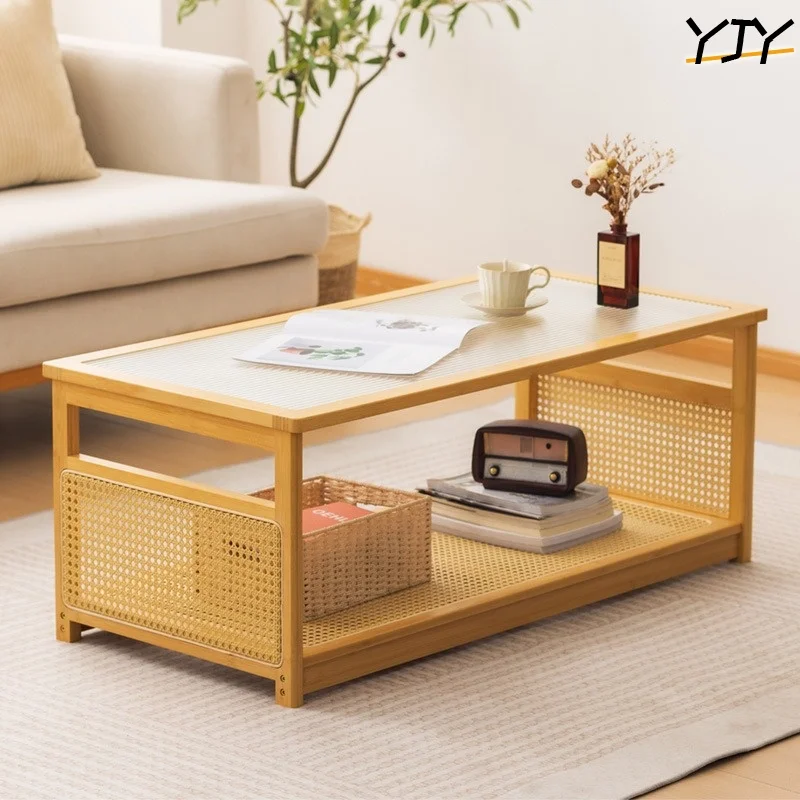 Bamboo Coffee Table Living Room Home Centre Table for Small Apartment Simple Modern Rectangular Glass