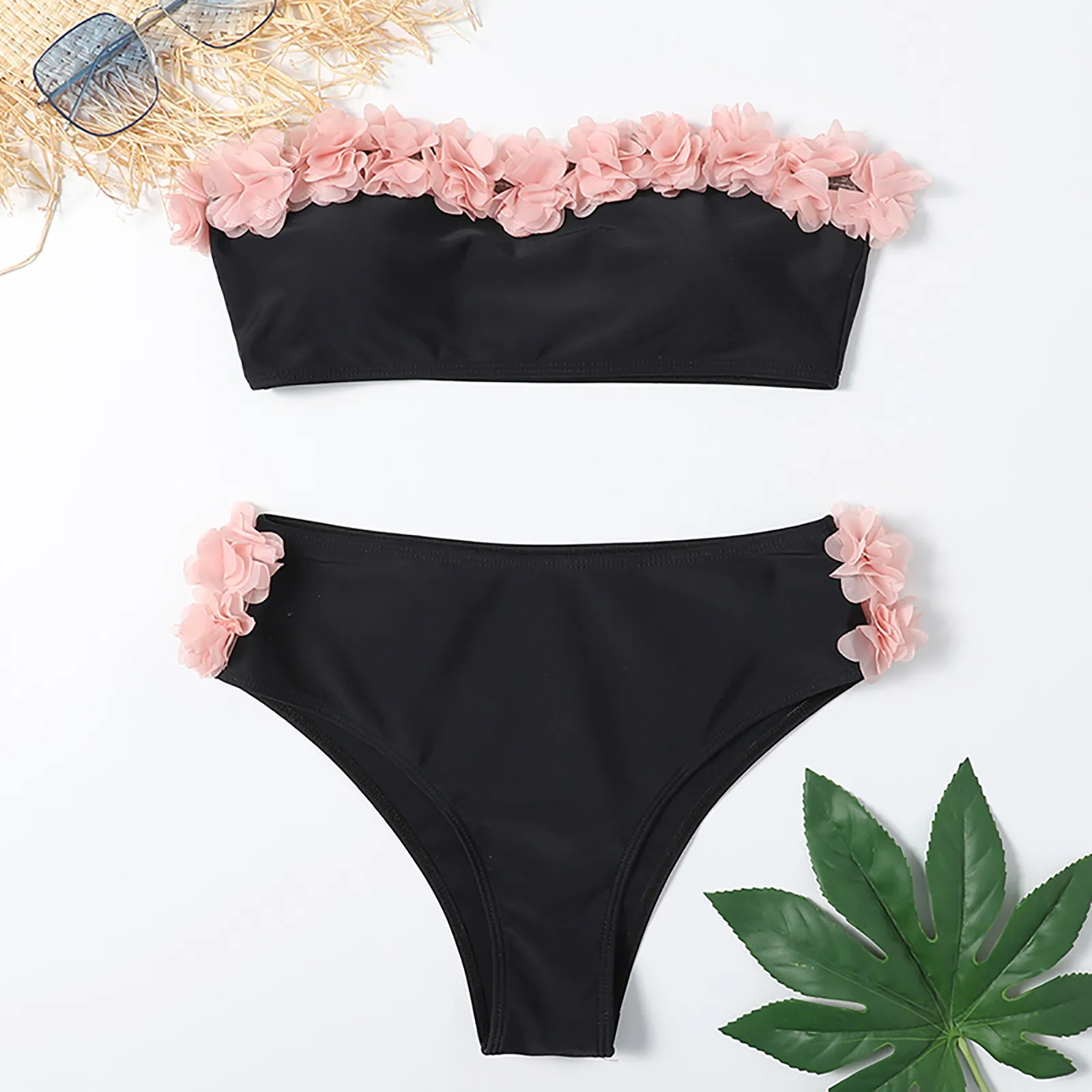 

Swimsuit 2024 Trend Women's Sexy Sheath Bikini Two Piece Swimsuit Fashion Solid Colour Flower Embellished High Waisted Swimwear