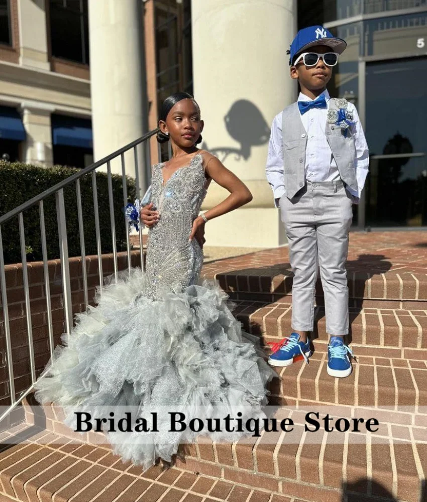 Glitter Silver Flower Girls Floral Appliqu&eacute; Satin Formal Dress For Weddings Mermaid Gown Luxury Bead Crystals Diamonds Ruffles Tiered Gown Customized