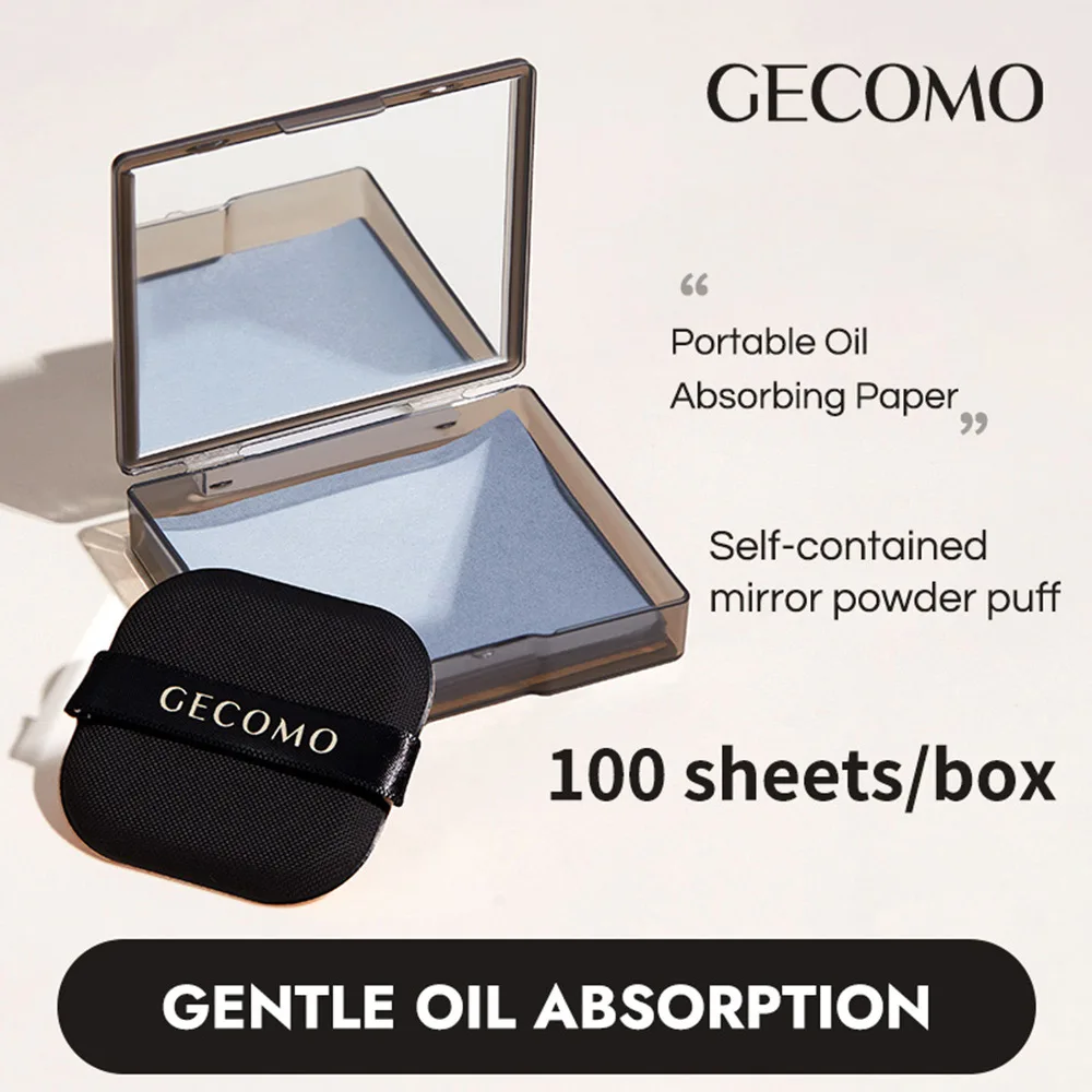 GECOMO Bamboo Charcoal Oil-absorbing Paper with Powder Puff Mirror Portable For Long-lasting Makeup 100 Sheets in a Box face oil absorbing paper