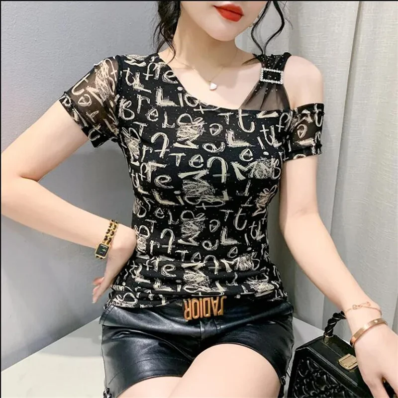 

New Sexy Off Shoulder T-shirt Women Summer Short Sleeve Top Hot Diamond Tees For Women Slim Letter Print Bottom Top Mesh Tshirt