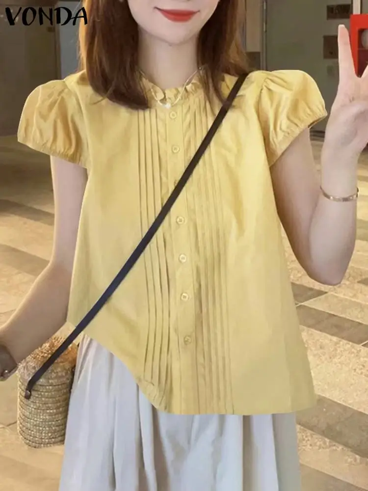 

Летняя однотонная блузка, повседневные рубашки с коротким рукавом VONDA, элегантные блузки с буффами на рукавах, модель 2024 года, пикантные мешковатые блузки с воротником-стойкой