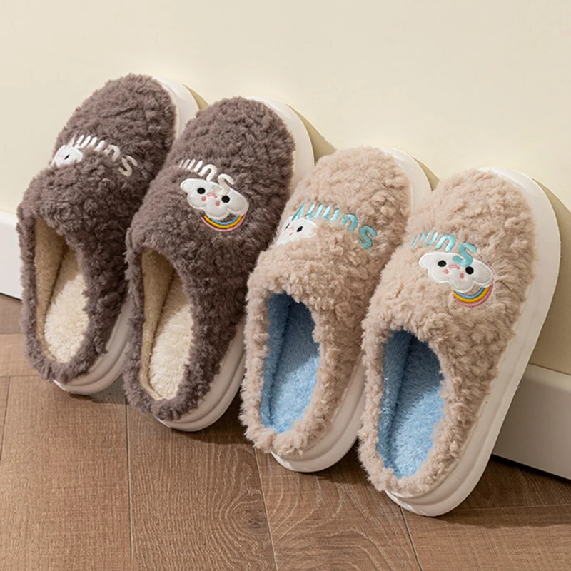 Home Lovely Fluffy Slippers Women 2025 Winter Thick Bottom Non Slip Cotton Slippers Woman Indoor Soft Sole Warm Plush Slides