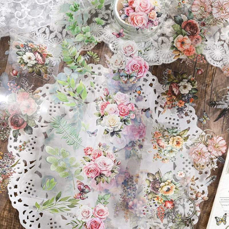200cm/롤 애완 동물 복고풍 꽃 테이프 흰색 잉크 컷 필름 다채로운 꽃다발 시리즈 특수 모양의 핸드북 조경 재료 스티커