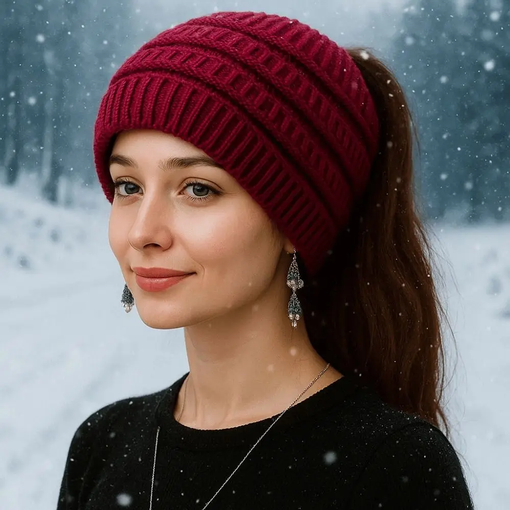 Warm Solid Color Ponytail Beanie Hat Headwear Thicken Knitted Hat Ear Protection Knitting Headband Autumn