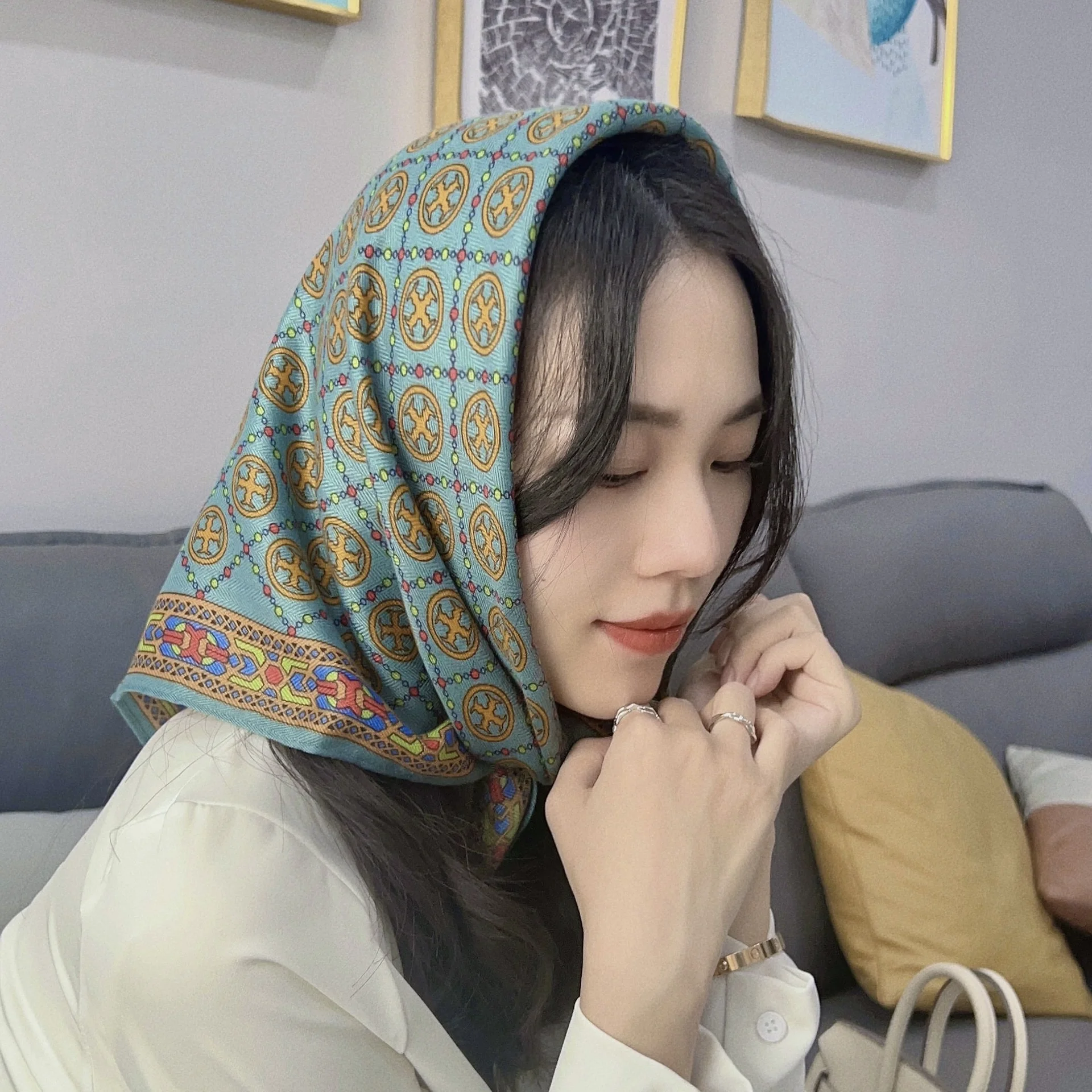 

Coffee Color Cotton Linen Square Scarf Luxury Brand Plaid Women Neck Hair Tie Band Soft 2024 NEW Hijab Head Female Foulard