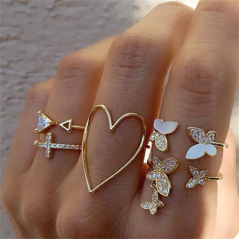 Bohemian Moon Geometric Rings Set For Women Fashion Crystal Moon Butterfly Gold Color Joint Ring Girls Trend Party Jewelry Gift