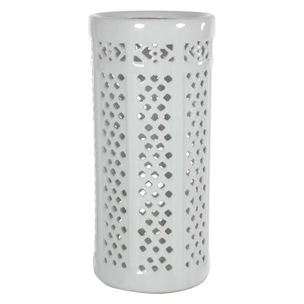 Oriental Furniture 17" Carved Lattice Decorative Umbrella Stand, Classic, White