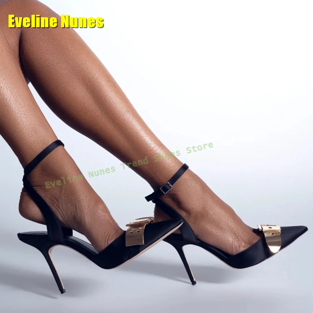 Ladies' Metal Buckle Shallow Stiletto Sandals Pointed Toe Side Air Slingback Elegant Sexy Pumps Summer Office Dress Shoes