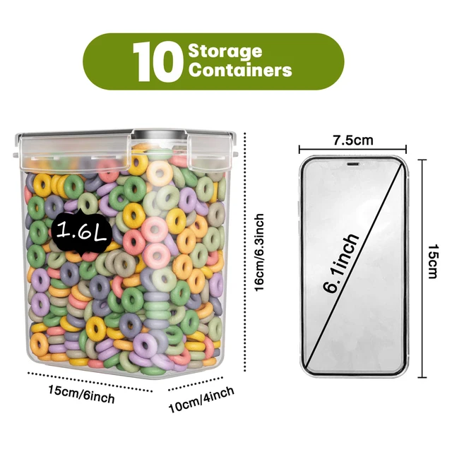 10 db Beállított 1,6L Műanyag Doboz Élelmiszer -Tároló Tároló Tartály Légmentesen Lezárt Tartályok Kannák Durva Gabonafélék Gabonafélékhez - Image 4