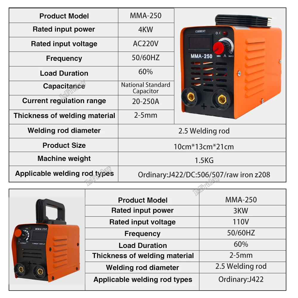 Máquina de solda elétrica com caixa de armazenamento, arco inversor, soldadores atuais ajustáveis, MMA-250, 20-250A