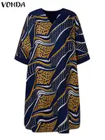 Plus Size 5XL VONDA Women Summer Dress 2024 V Neck Bohemian Printed Beach Sundress Casual Midi Vestidos 3/4 Sleeve Loose Robe - Image 5
