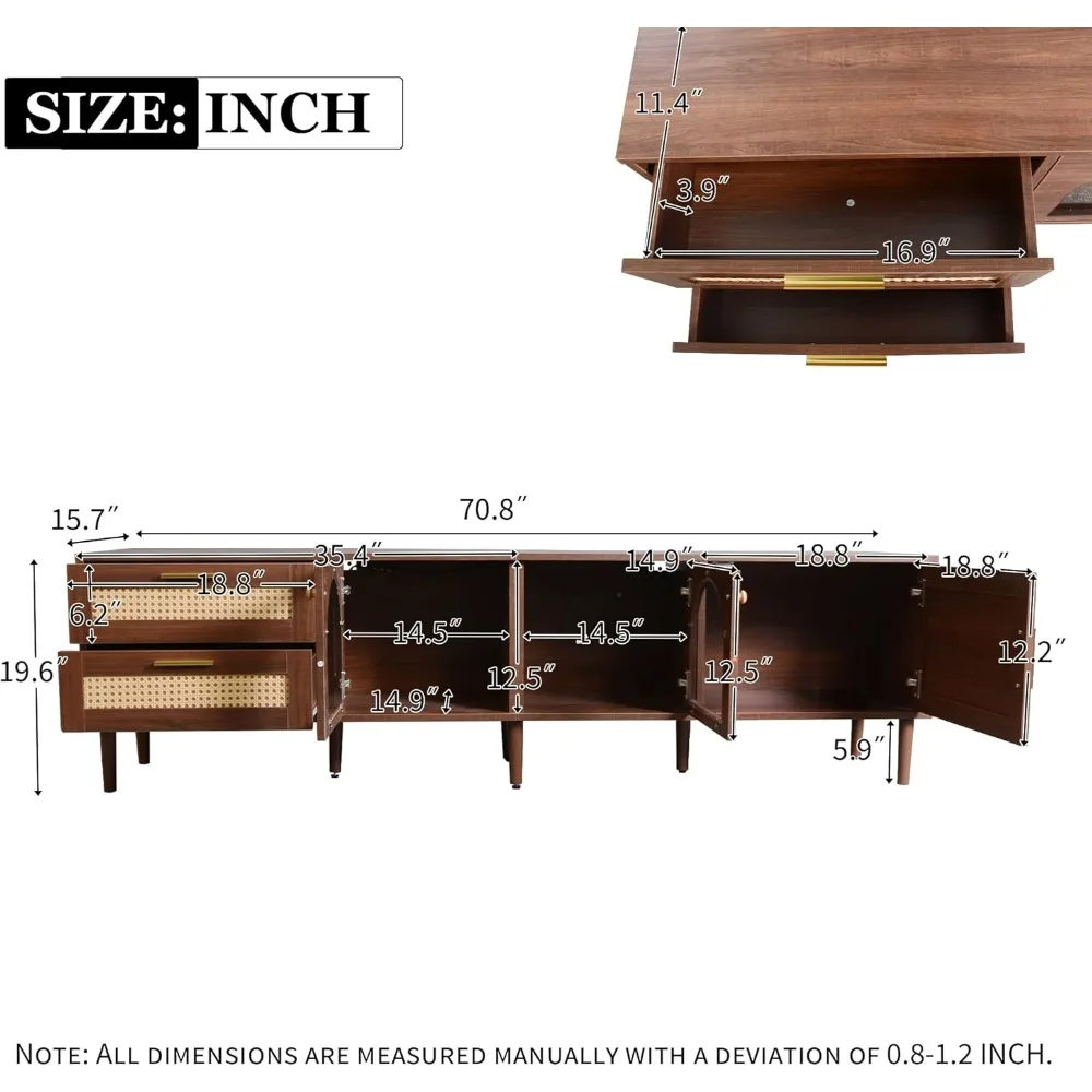70" TV Stand with LED Lights, 3 Cabinets & 2 Drawers, Solid Wood Feet, TVs Up To 80", Living Room Rattan TV Stand 2