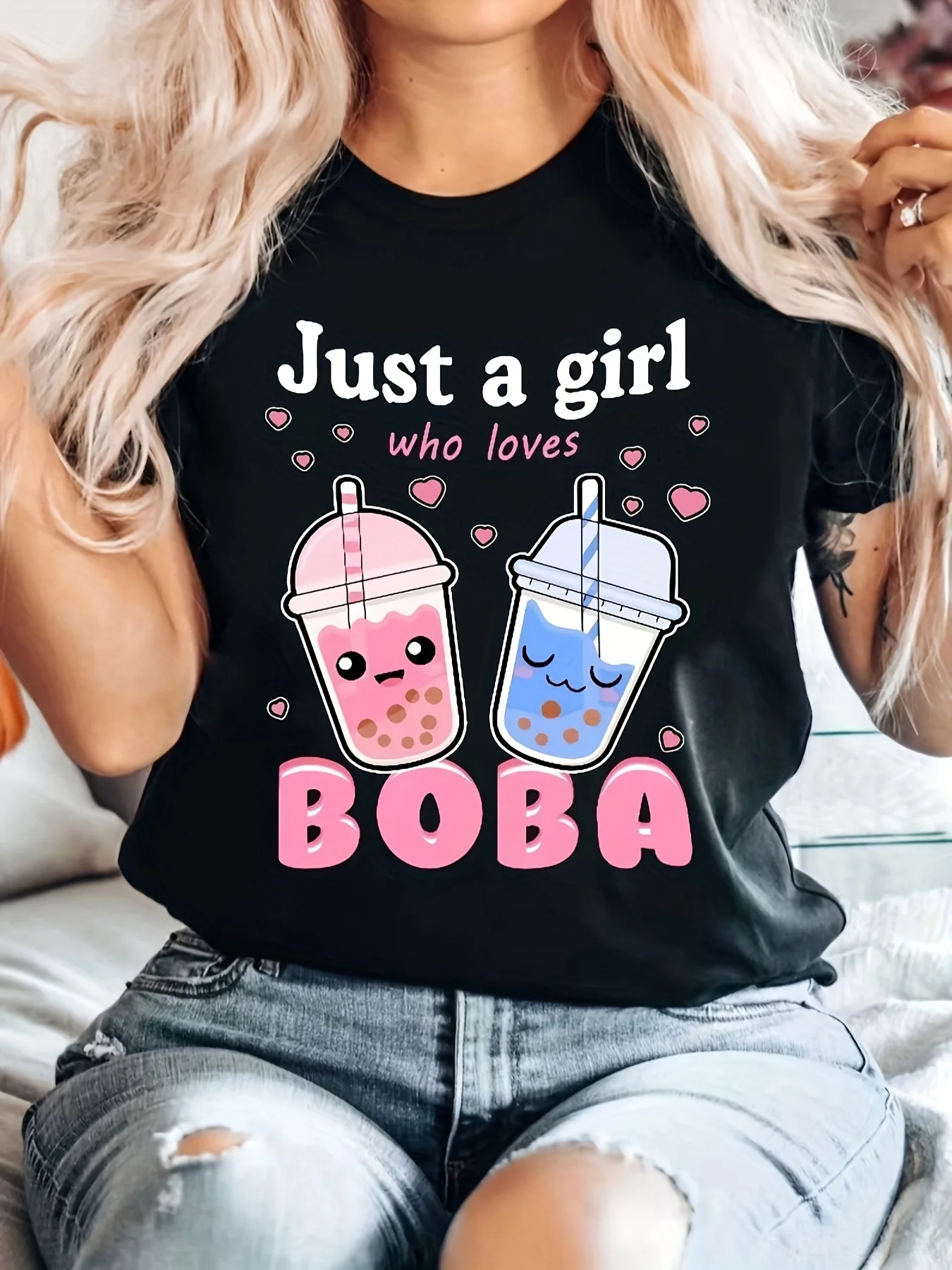 

Повседневная футболка Boba Tea с надписью, с круглым вырезом и короткими рукавами, небольшая яркость, женская одежда для активного отдыха