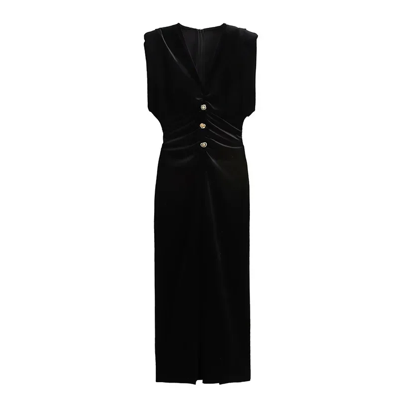 Vestido largo vintage de terciopelo con escote en V para mujer, elegante, sin mangas, plisado, con botones de metal, cintura alta, para fiesta, 2025, vestido de noche para mujer