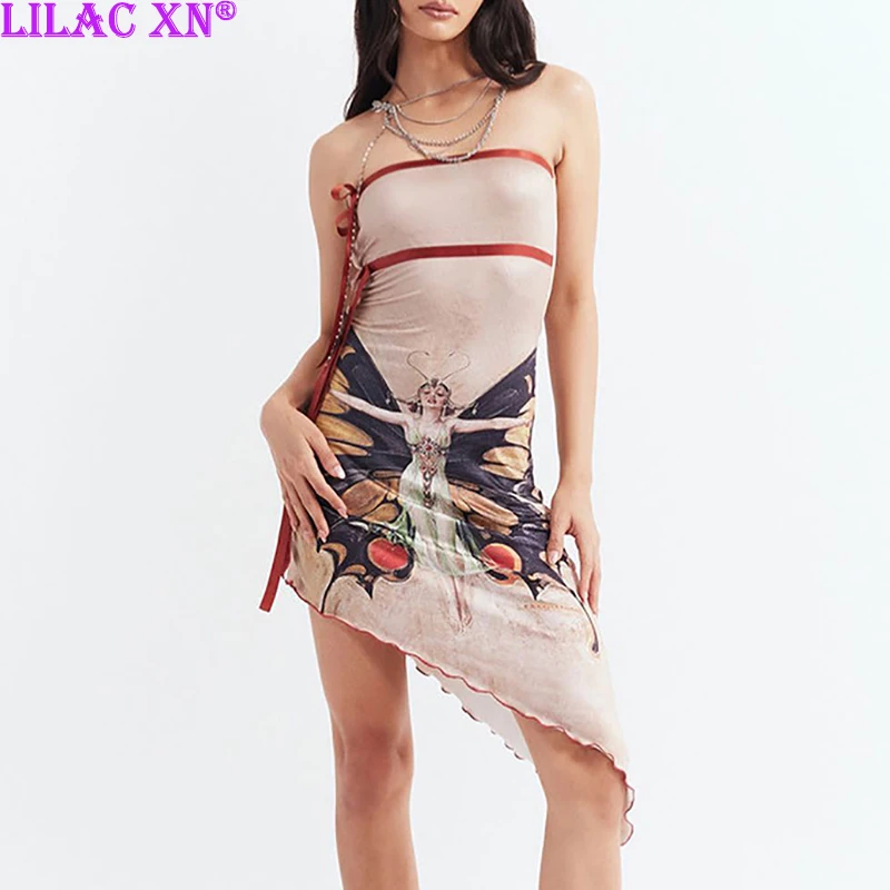 

Y2K Sexy Sleeveless Bodycon Party Dresses for Women Vintage Lace-up Butterfly Printed Irregular Vestido Goth Short Summer Dress
