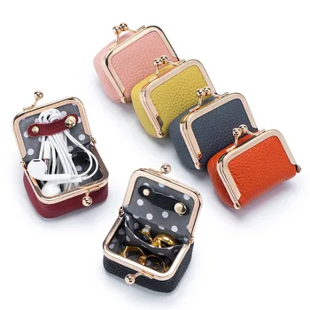 1pc Mini Wallet Genuine Leather Retro Coin Purse Solid Color Kiss Lock Change Case Small Bag Casual Style for Women 1