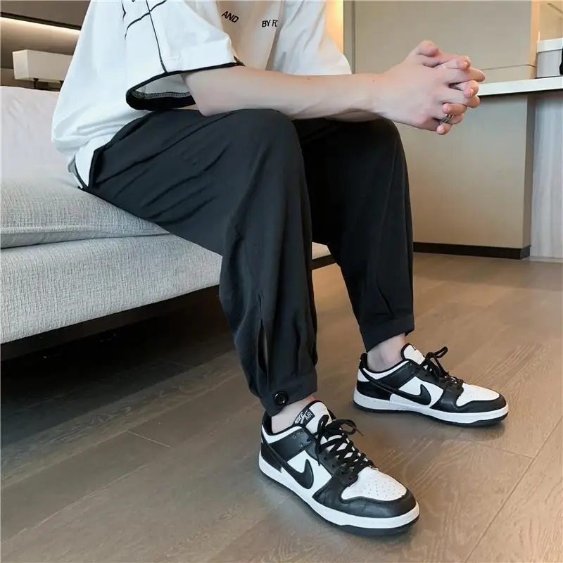 Spring Summer Fashion All Match High Waist Loose Men's Clothing Solid Color Tie Feet Slimming Pockets Solid Cotton Casual Pants