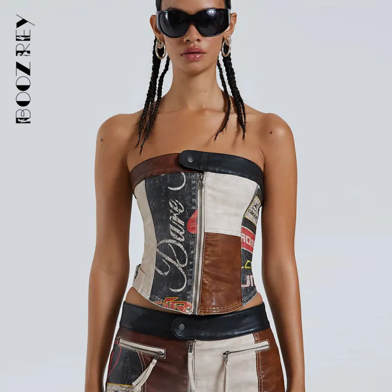 

BoozRey New PU Leather Patchwork Print Tube Tops Women Y2K Button Vintage Summer Trend Casual Corset Top Streetwear Wild Vest
