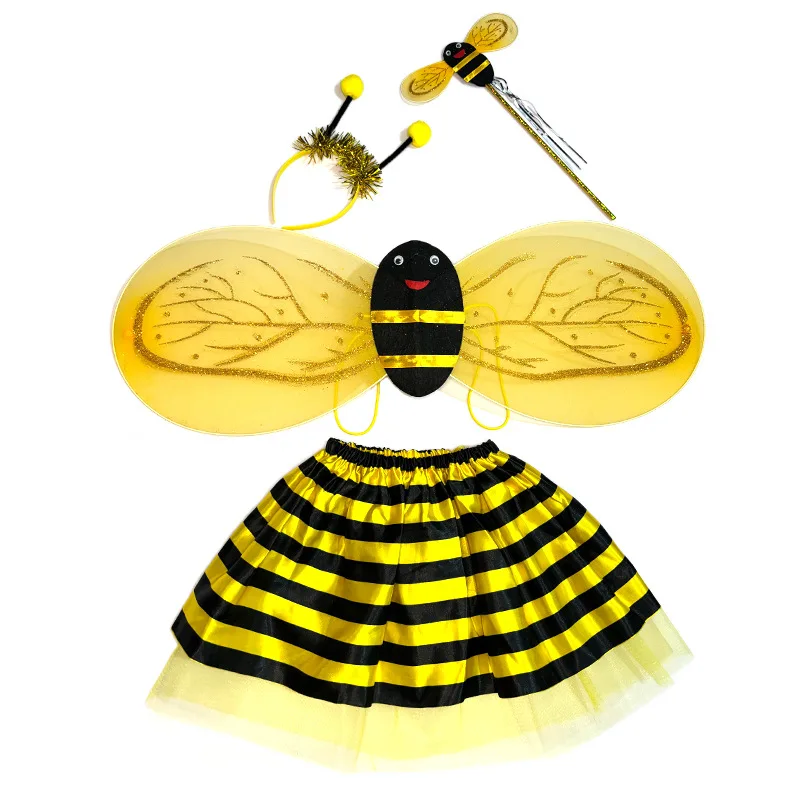 3/4Pc Little Bee Children's Performance Costume Yellow Red Little Bee Dance Skirt Set Birthday Party Bee Elf Headwear Wings Wand