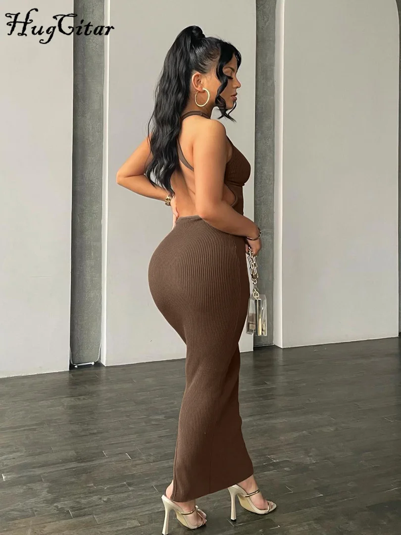 Hugcitar Ribbed Solid Hollow Out Backless Sleeveless Sexy Slit Mini Dress Bodycon 2025 Spring Women Outfits Elegant Party Y2K 2