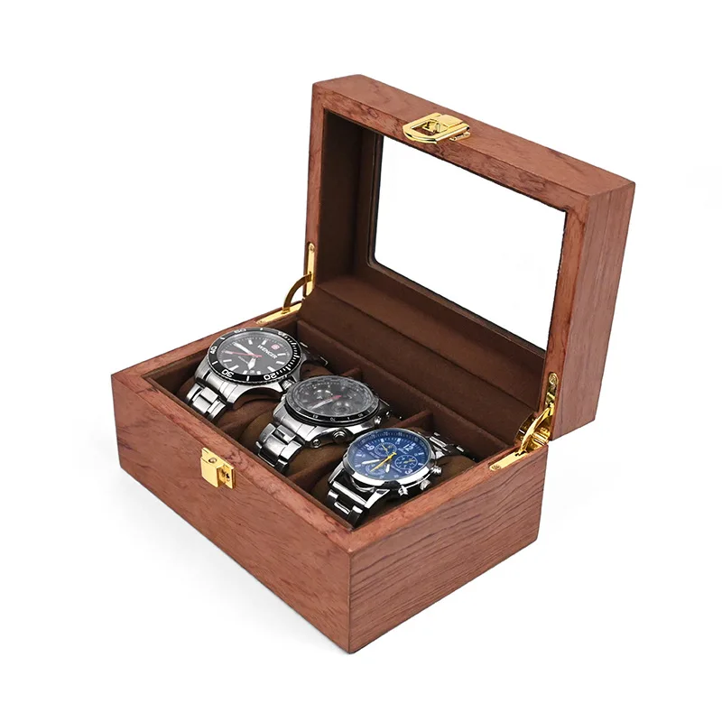 Wood Watch Jewelry Box for Men 3 Slot Watch Box Large Watch Display Case Organizer With Glass Window Top