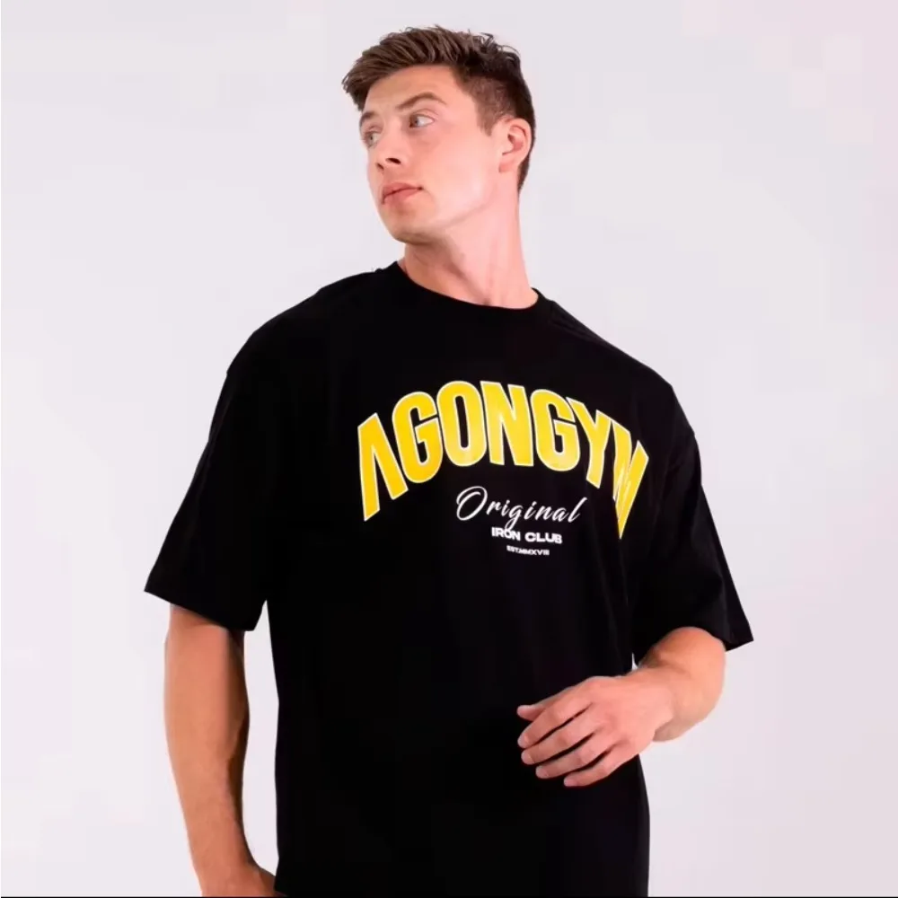 New Agongym T Shirt Men Loose Cotton Printed Bodybuilding Muscle Short Sleeve Gym Running Sports Workout Streetwear Top