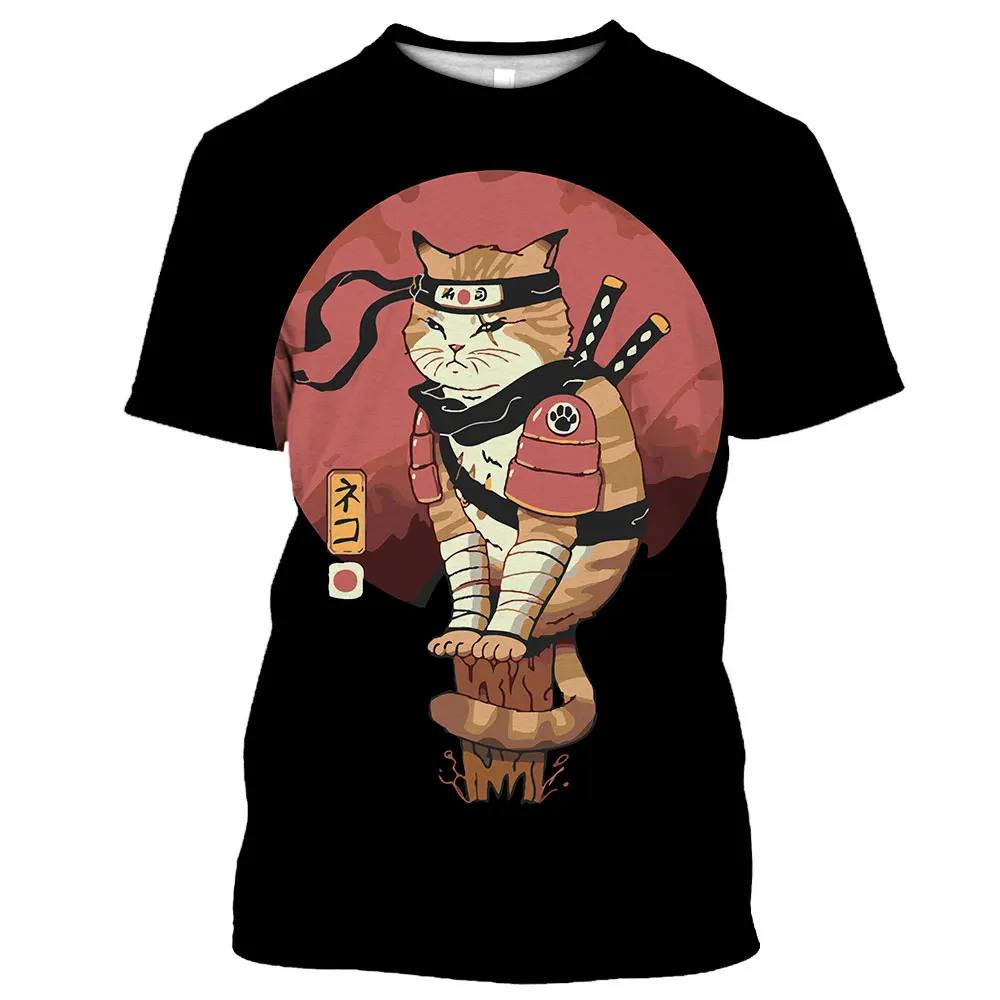 

Fashion New Hot Cartoon Anime T-shirt For Men Japanese Samurai Cat Print New O-Neck Short Sleeve Harajuku Casual Oversized Tops