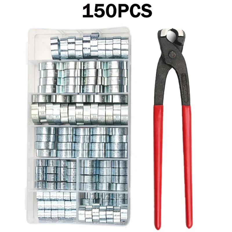 150pcs 5-20mm Double Ears Hose Clamp Worm Drive Fuel Water Hose Pipe Clamps Clips Assortment with Plier for Securing Pipe Hoses