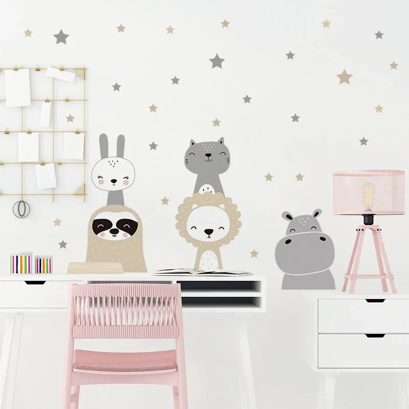 Cartoon Cute Lion Bunny Forest Animals Stars Wall Stickers Bear Deer Wall Decals for Kids Room Baby Nursery Room Bedroom Murals wall stickers