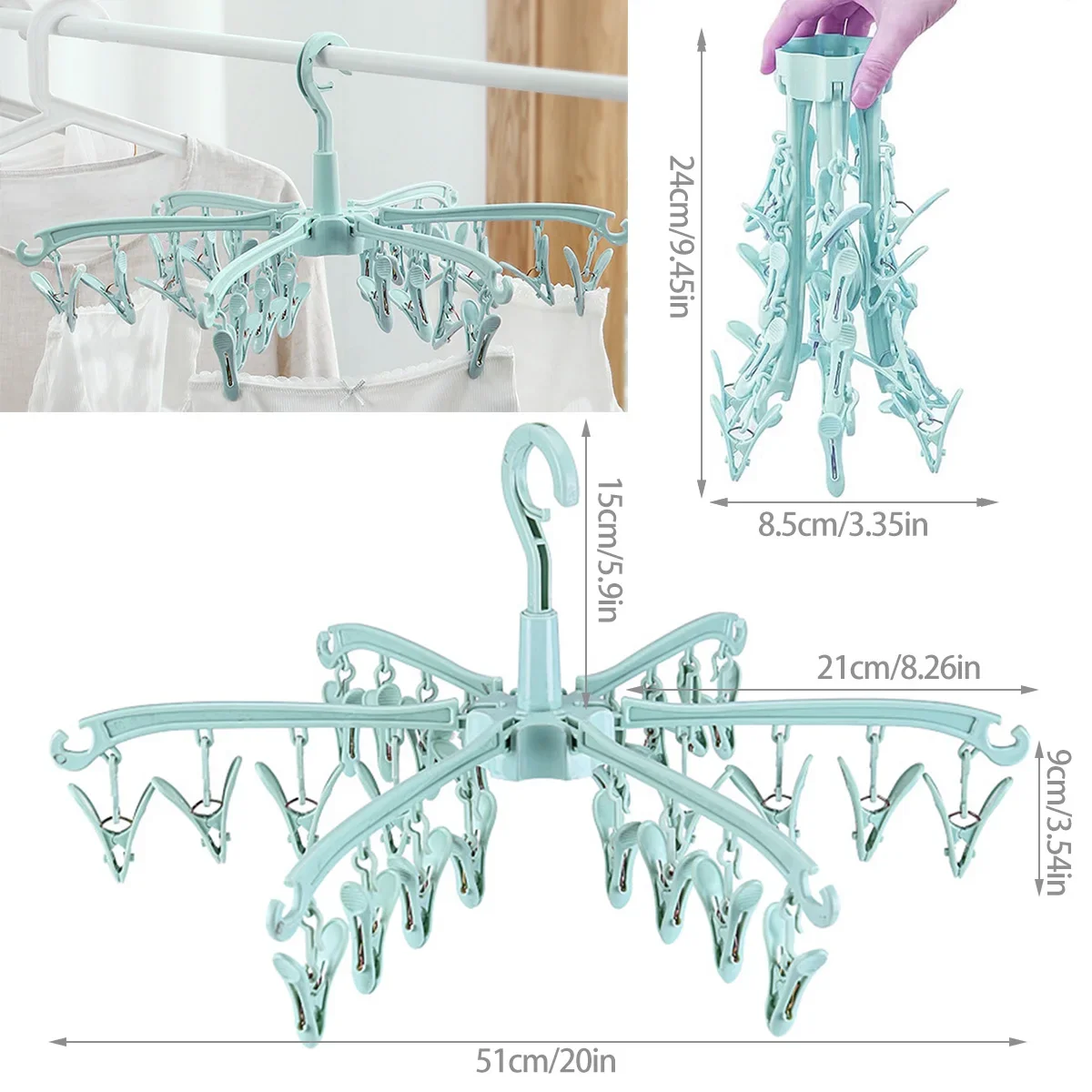 24 Clips Folding Clothes Dryer Rotatable Hanger Windproof Socks Underwear Drying Rack Home Storage Laundry Rack