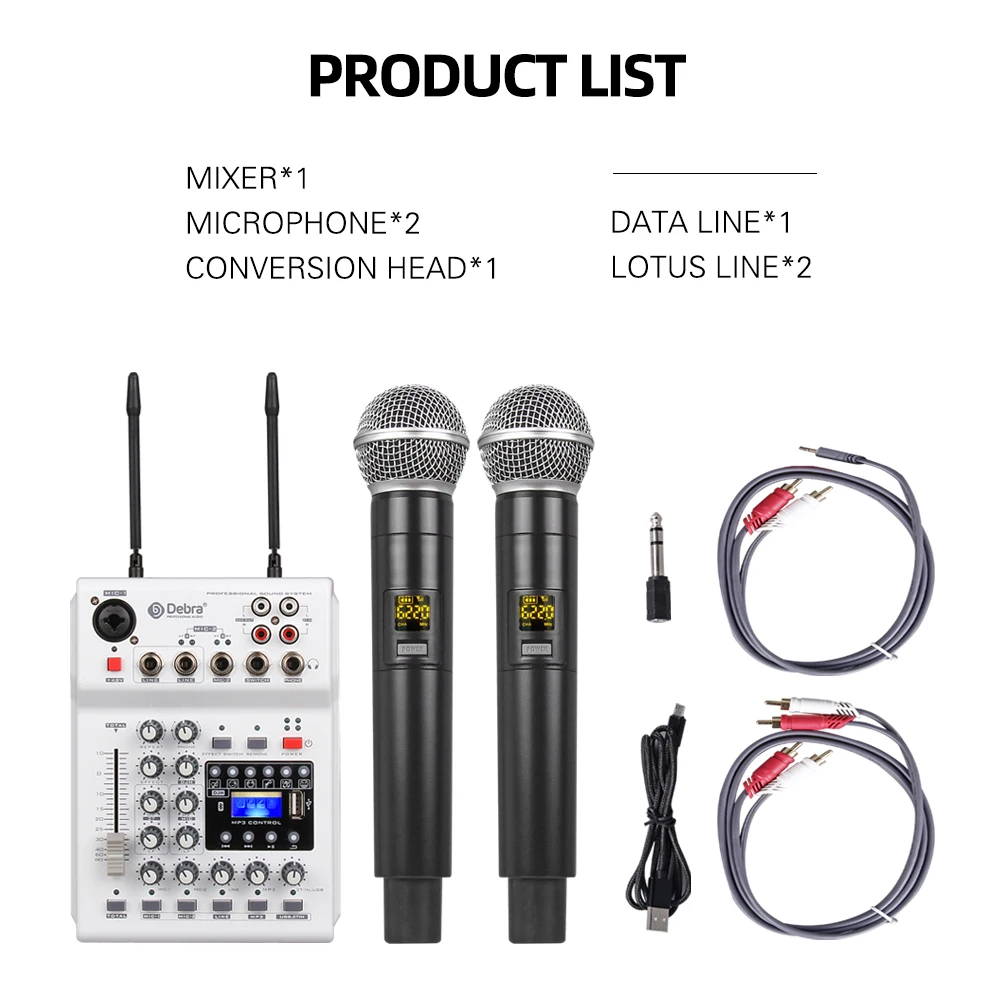 Audio MM-02  DJ Mixer Console With UHF 2  Wireless Microphones with 48V Phantom