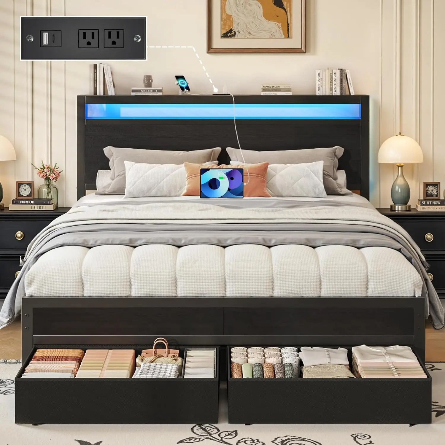 Queen Bed Frame with Storage Headboard 2 Drawers Charging Station LED Light No B