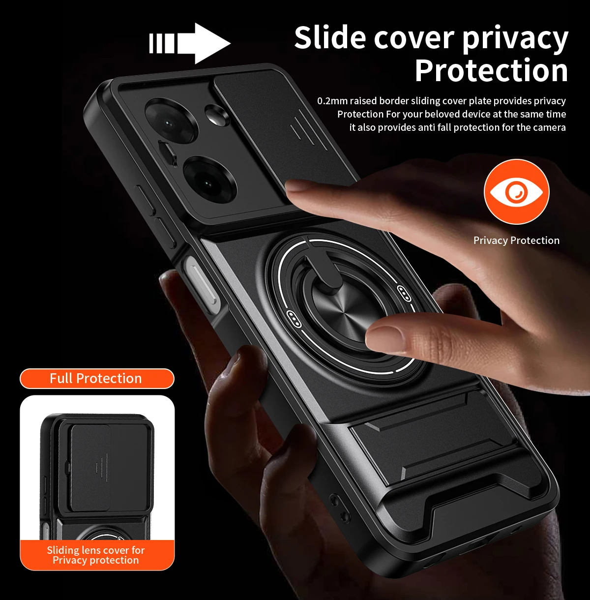 Shockproof Armor Case with Slide Lens Protector and Ring Holder – Dual-Size Phone Cover