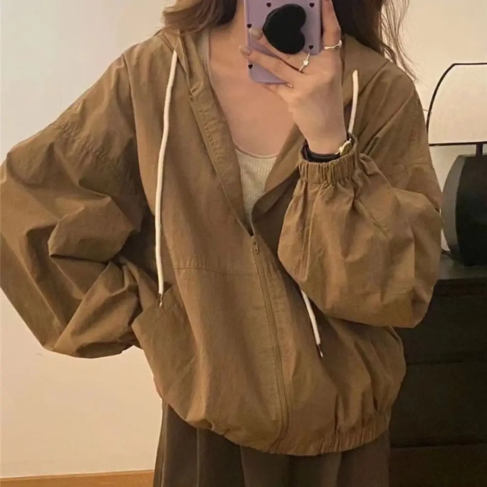 Drawstring Long Sleeved Hooded Sunscrean Loose Thin Hooded Cardigan Clothing Korean Ins Autumn Zipper Coat Top Spring Autumn