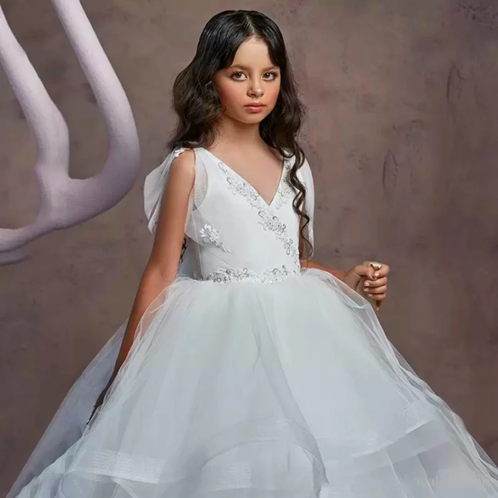 

Gauze Layered V-collar Fashion First Communion Kids Surprise Birthday Present Flower Girl Dress Princess Ball Beauty Pageant