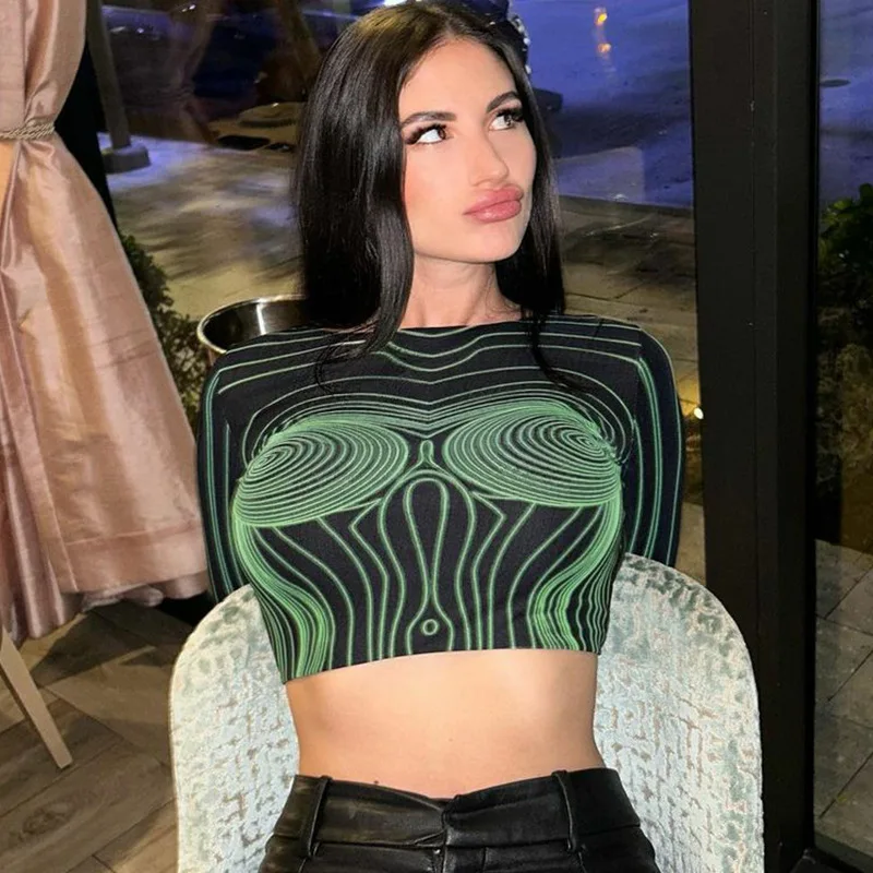 

European And American Women's 2023 Spring New Fashion Print Slim Fit Open Umbilical Round Neck Short Sleeve Top