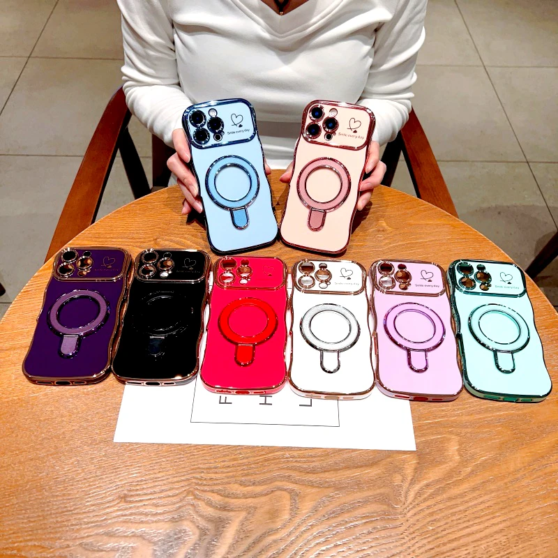 Plating Wave Shell Case For iPhone 16-11 Pro Max Plus Stand Holder Covers