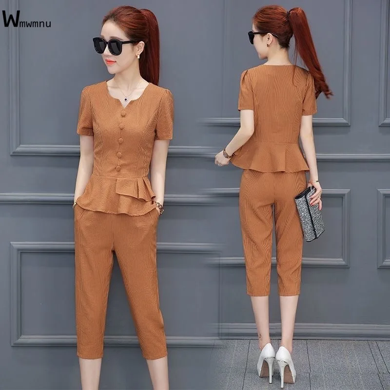 Women 2 Piece Set Summer Casual Pink Suit Button Fly V-neck Design Ruffle Slim Short Sleeve T-shirt+Calf-Length Pants Outfits |