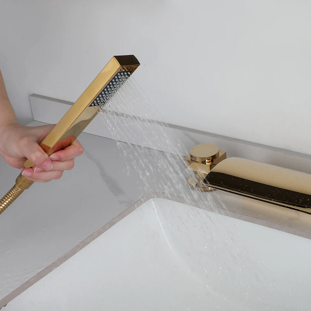 LED Brass Waterfall Filler Faucet with Handheld Shower Bathtub Faucet