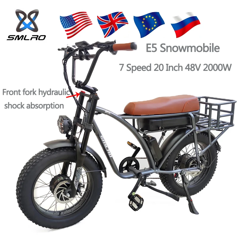 

SMLRO New E5 Plus Dual Drive Electric 2000w 48v 18AH 20 Inch Electric Fat Tire Mountain Bike Headlamp Beach Snow Bike