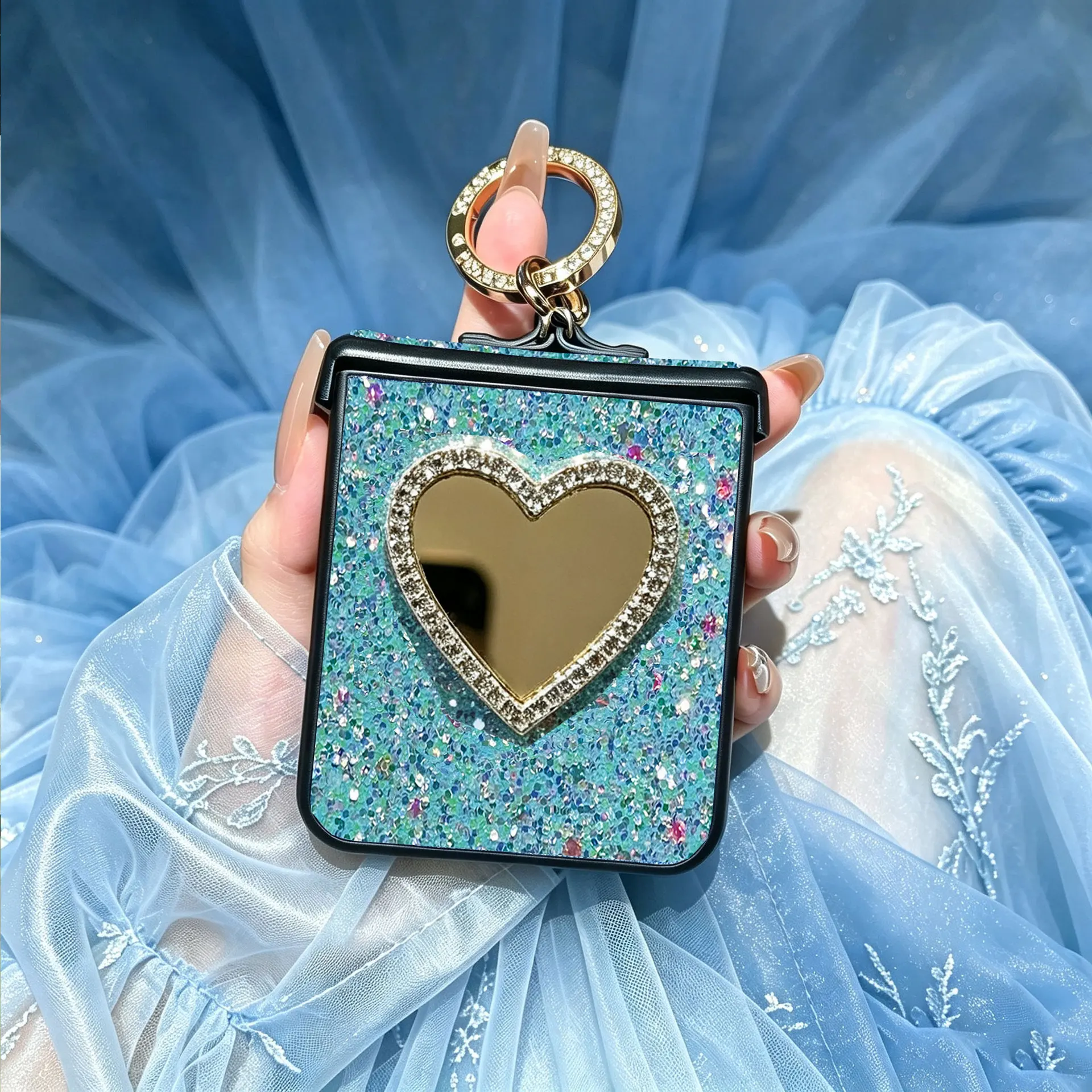 Luxury Ring Buckle Sparkling Phone Case with Glitter Heart Mirror