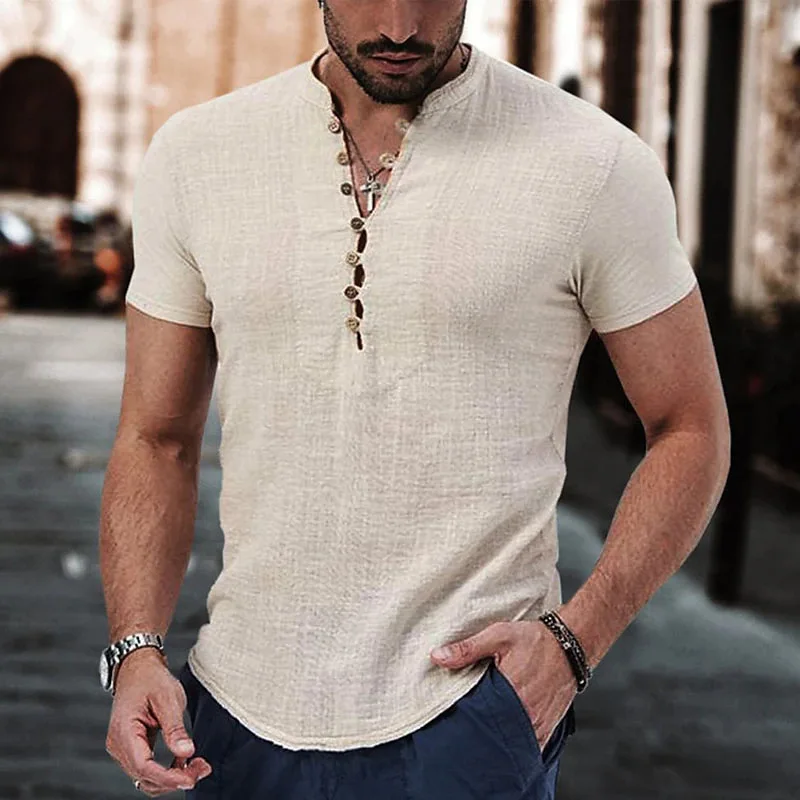 

2023 Summer Men'S Cotton Linen Shirt Short Sleeve Breathable Shirts Solid Color Casual Basic Cotton Linen Shirt Tops Hemp Shirt